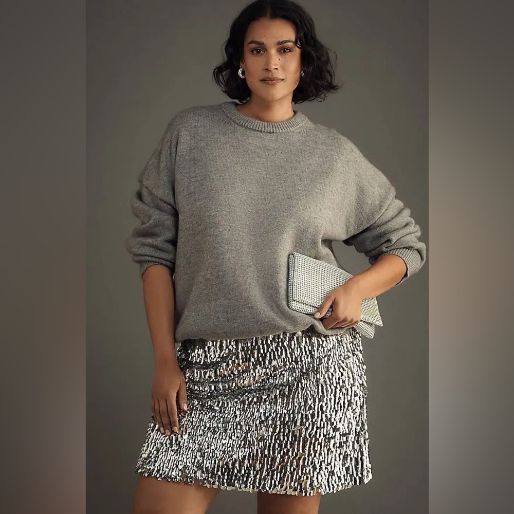 Anthro Long-Sleeve Sweater Sequin Sparkle Skirt Mini Dress NYE‎ Party Silver XL
